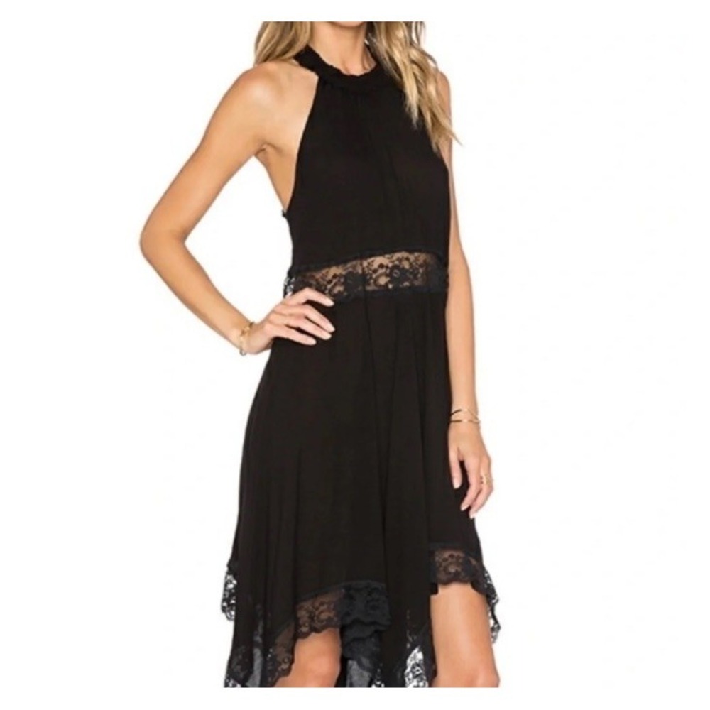 Free People Intimately Halter Dress Black Lace Waist Asymmetric Small Go Lightl